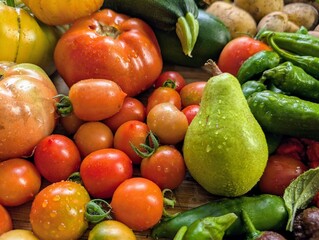 Flat lay of bountiful harvest with Carolina Reapers, heirloom tomatoes, and flowers