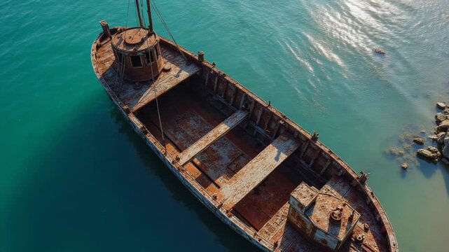 A wrecked wooden ship lies on the seashore, covered with rust. Drone view