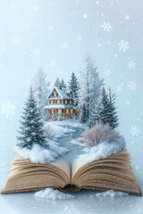 Winter fairy tale book with magical mood showing snowy cabin and pine trees under falling snowflakes on blue background, Christmas story concept © Fatima