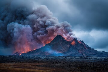 Stark Icelandic Volcano with Swirling Smoke Against Pristine Glacial Ice and Rugged Lava Fields.