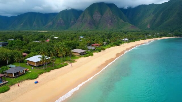 Aerial view of a tranquil Hawaiian beach with golden sand, lush vegetation, small houses, and steep forested hills in the background.
