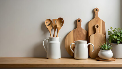 Still life kitchenware setup on wooden shelf background