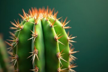 Vibrant green cactus, sharp thorns, textured skin, desert plant , macro, texture