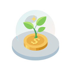 Flat vector icon of a coin with a small plant sprouting, eco finance concept, green and gold palette, isolated on transparent background.