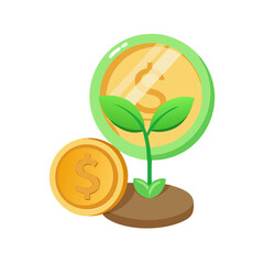 Flat vector icon of a coin with a small plant sprouting, eco finance concept, green and gold palette, isolated on transparent background.