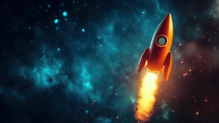 Rocket zooms through outer space with vibrant trail of flames