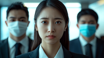 A woman in a suit stands confidently in focus, while two men in masks are out of focus behind her. Concept of leadership and professionalism. For business and corporate settings