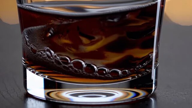 Dark golden liquor sloshing violently, macro glass detail

