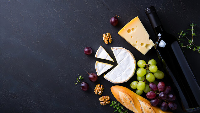 Wine cheese grapes and baguette on black surface