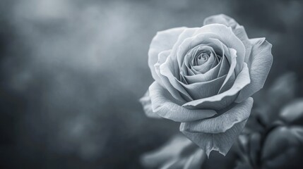 Grayscale rose flower closeup on blurred background