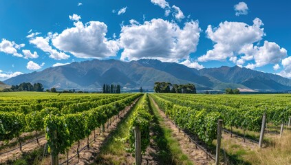 Fototapeta premium Vineyard rows, mountain backdrop, sunny day, Central Otago. Possible use tourism