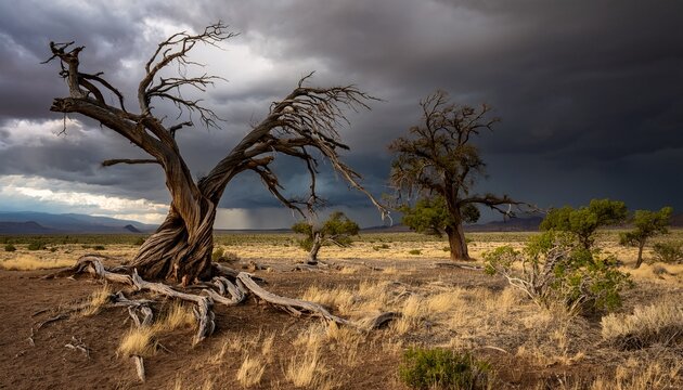 twisted trees claw at a stormy sky a powerful desolate landscape of untamed nature - Powered by Adobe