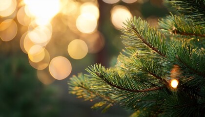 evergreen pine branches with bokeh lights create serene and festive nature atmosphere