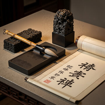  Timeless Cultural Artifacts Traditional Chinese scholar's objects (wenfang bao), brush, inkstone and seal on a polished stone table with calligraphy scroll. Confucian wisdom concept