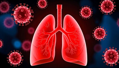 3D model of lungs surrounded by virus particles