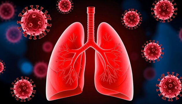 3D model of lungs surrounded by virus particles - Powered by Adobe