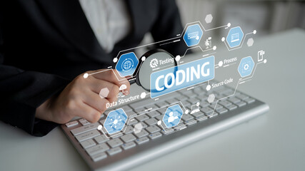 A professional hand interacts with a keyboard while showcasing a digital coding interface displaying various programming concepts and data structures in a contemporary workspace. Tessel
