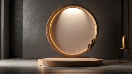 A minimal product podium with dramatic lighting and empty copy space, perfect for luxury product advertising