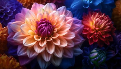 Obraz premium the enigmatic beauty of dahlia flowers a photographic exploration of textures colors and the delicate dance of light and shadow