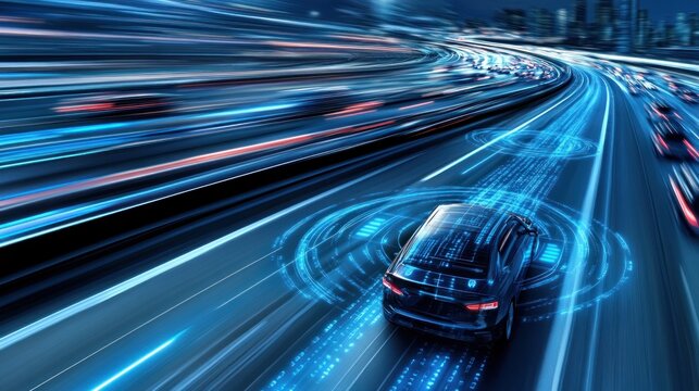 Autonomous car technology on highway at night