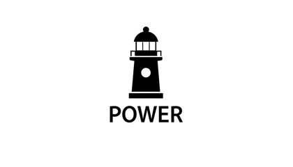 Simple black silhouette lighthouse graphic with the word "POWER" below