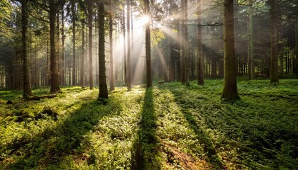 Fototapeta premium sunbeams pierce a lush green forest floor creating a magical scene of light and shadow among the tall trees