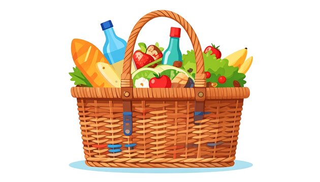A full wicker picnic basket overflowing with various food items