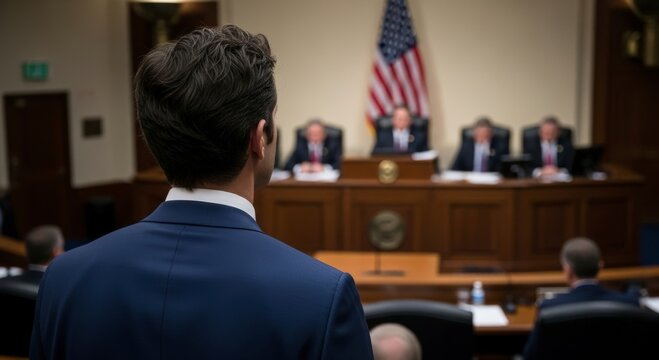Professional Man in a Blue Suit Testifying Before a Committee in a Government Hearing Room