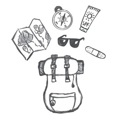 Packing hiking Backpack - map, compass, sunglasses. Sunscreen and bandage. Hand drawn collection of Camping accessories. Sketch Doodle Set of adventure items. Travel survival Kit. Vector illustration