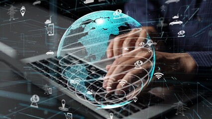 A captivating abstract image of a digital globe with connection icons overlaid on a laptop, illustrating the essence of modern technology and global connectivity. Xenic