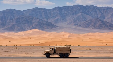 Fototapeta premium Tan Military Truck Driving on a Desert Road with Sand Dunes and Mountains