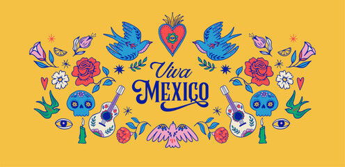 Viva Mexico. Mexican culture, Mexican Fiesta, Mexican Menu restaurant and Cinco de Mayo invitation. Hand drawn, sketch style. Vector card, banner design. Colorful printable illustration