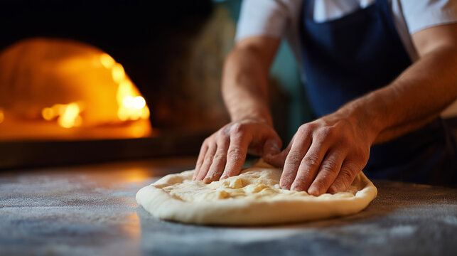 Pizza chef stretching authentic Neapolitan dough with traditional hand techniques while wood fired oven glows in background showcasing artisanal pizza making skills and Italian - Powered by Adobe