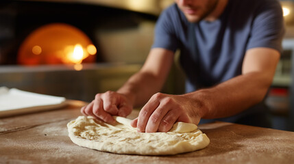 Pizza chef stretching authentic Neapolitan dough with traditional hand techniques while wood fired oven glows in background showcasing artisanal pizza making skills and Italian