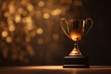 Glowing Gold Trophy on Velvet Podium with Dramatic Spotlight and Subtle Bokeh