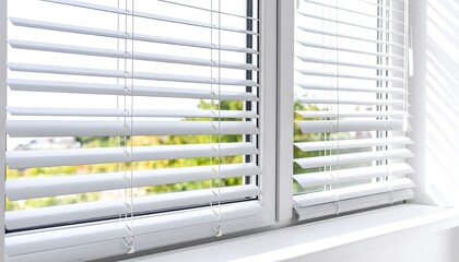 White Window Blinds Casting Shadows Over A Bright Daylight View Horizontal Angle