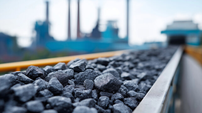 High detail image of a conveyor belt transporting freshly mined black coal set against the backdrop of a steel factory with industrial smokestacks and processing equipment