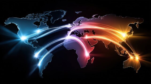 Global Connectivity Map with Glowing Light Trails - Powered by Adobe