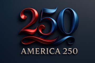 America 250 Celebration Text in Red and Blue on Dark Background
