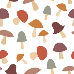 Seamless pattern with different mushrooms. Vector illustration on white background. It can be used for wallpapers, wrappers, cards, patterns for clothes and others.
