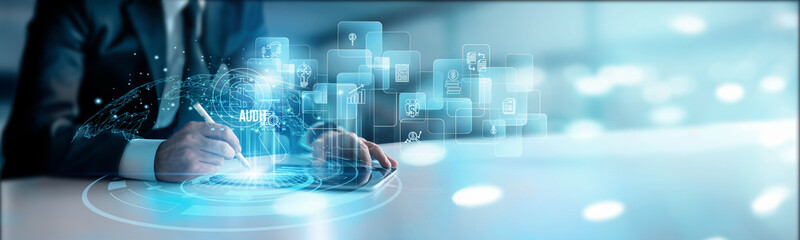 Audit officers using digital tablets online connect to automated audit systems, compliance reporting verification, financial review documentation, risk assessment, accuracy monitoring procedures.