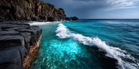 Obraz premium Turquoise Ocean Waves Crashing Against Rocky Cliffs