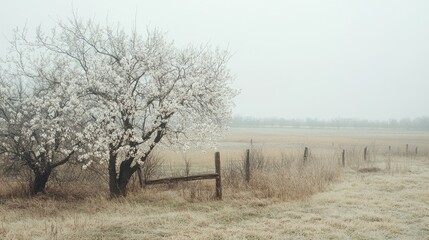 Blooming tree in misty field with rustic fence