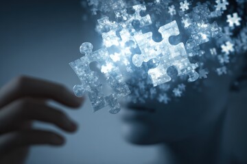 Digital Puzzle Concept with Human Face and Floating Pieces