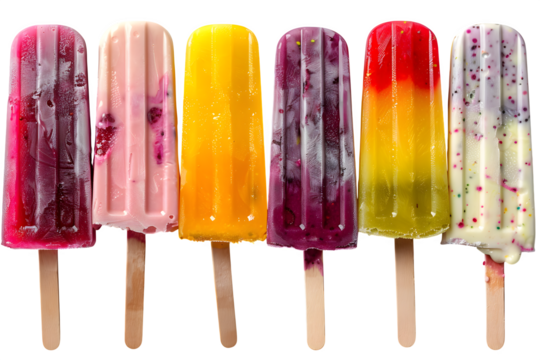 Cream Pack Ice Popsicles Different Colors Flavors Arranged Side Glossy Frozen Textures Isolated Branding Social Media Poster Banner Marketing Ecommerce Web Print Copy Space Template SEO Optimized Soft