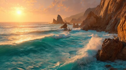 Sunset Waves Crashing Along Rocky Coastal Cliffs