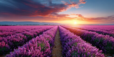 Naklejka premium Lavender Field at Sunrise with Colorful Sky