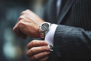 Businessman Adjusting Silver Wristwatch