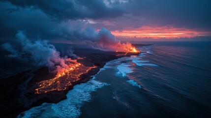 Lava Flow Entering Ocean Shore at Sunset