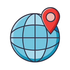 Flat vector icon of a world globe with a red location pin, travel and global business theme, isolated.